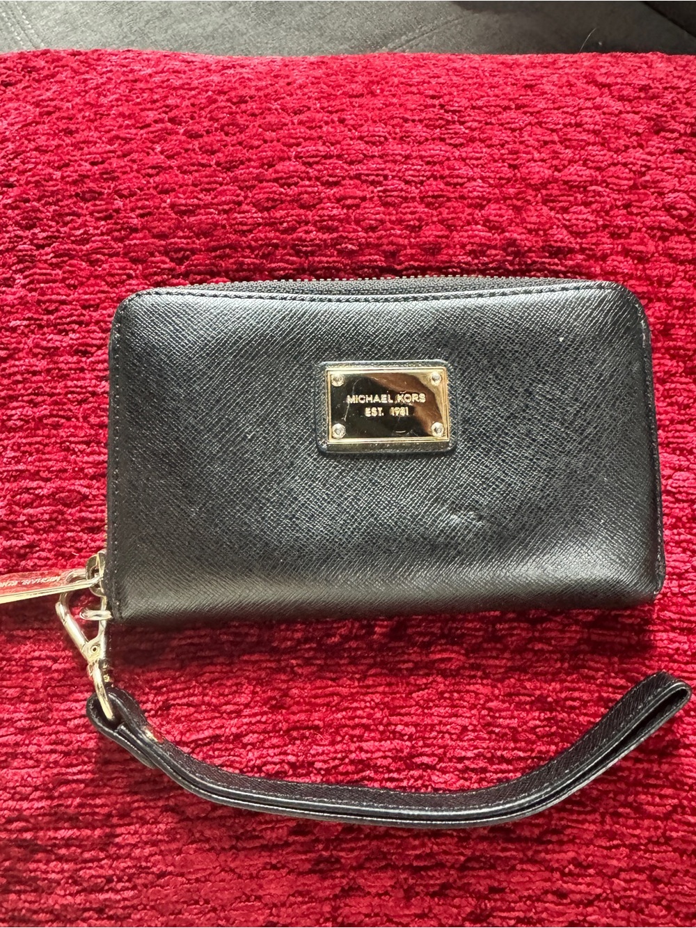 Michael Kors Black Leather Zip Wristlet with Gold Plaque